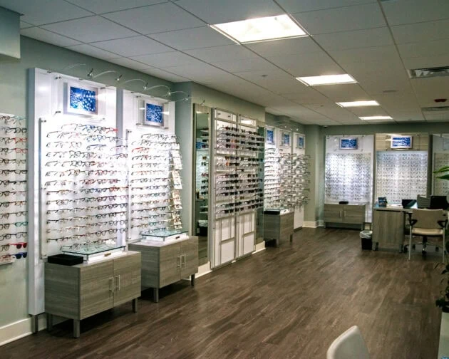 Glasses displayed on the walls of Simon Eye Newark.